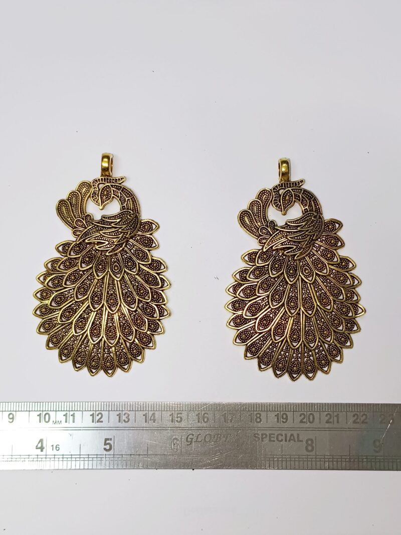 Oxidised Antique Golden Peacock Pendant 80mm*50mm - Pack of 2 Pcs - Image 2