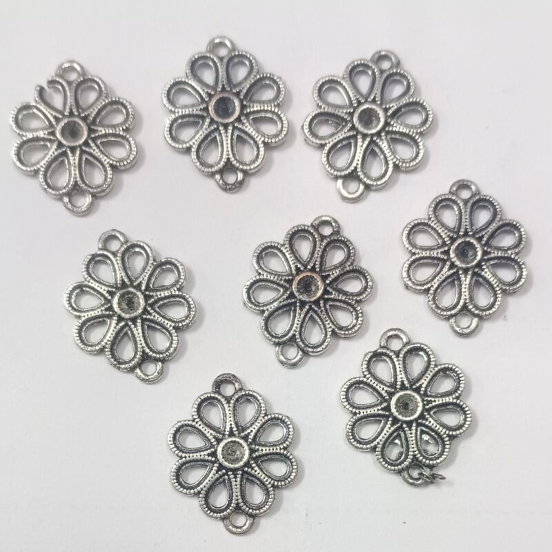 Oxidized Silver Plated Large Flower Shaped With Two Loops Charms 20Mm - Pack of 10 Piece