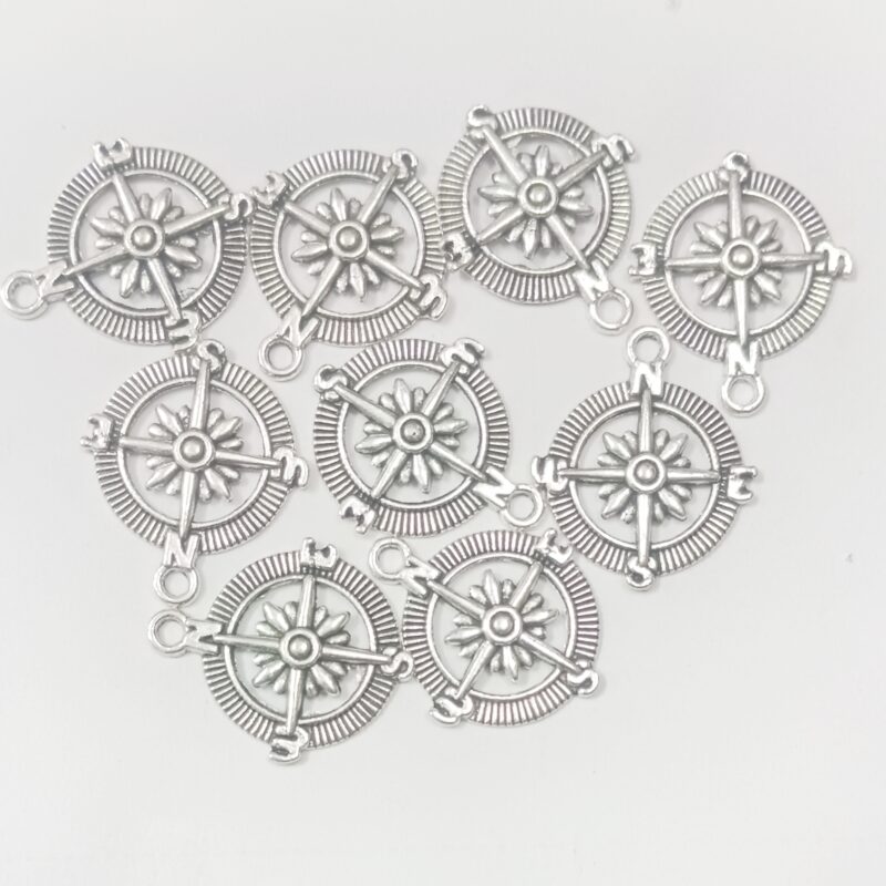 Oxidized Silver Plated Compass Shaped Charms With Single Loops 23Mm  - Pack of 25 Piece