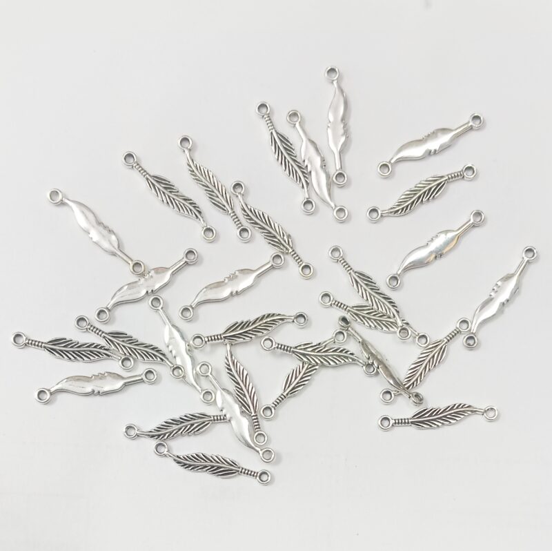 Oxidized Silver Plated Feather Shaped Charms With 2 Loop 25Mm - Pack of 25 Piece