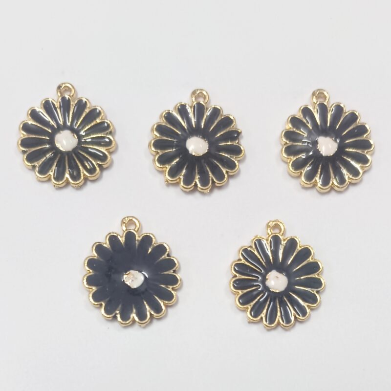 Black White Brass Metal Enamel Flower Charms 21Mm Single Loop Hole – Sold As Pack of 1 Pcs