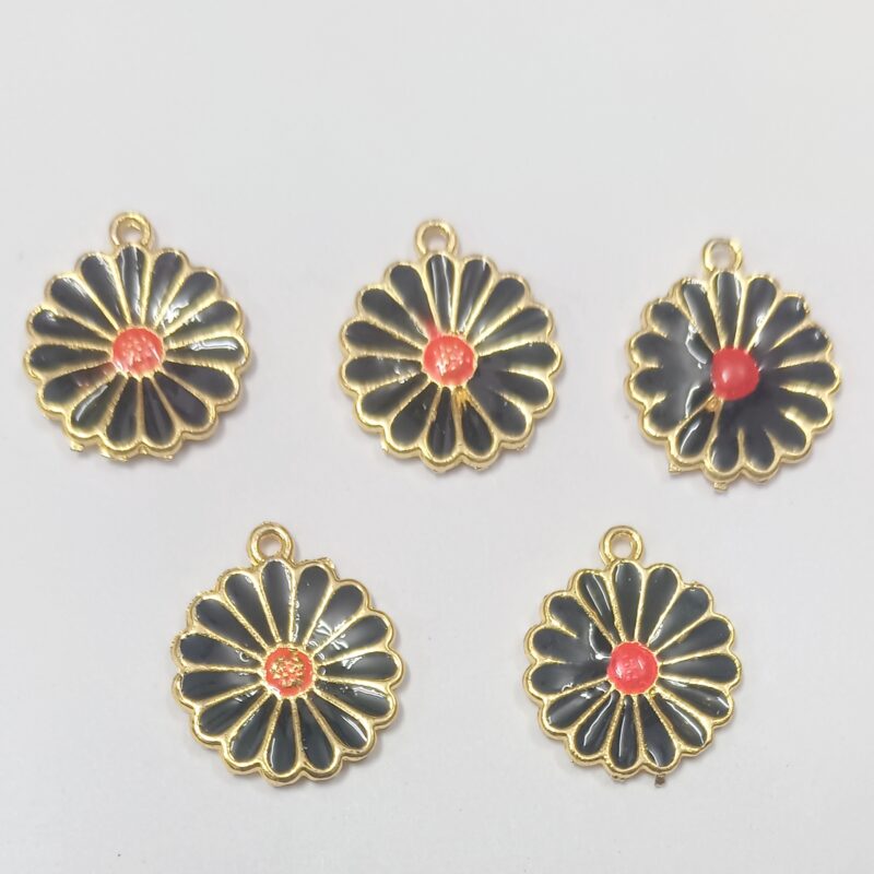 Black Pink Brass Metal Enamel Flower Charms 21Mm Single Loop Hole – Sold As Pack of 1 Pcs